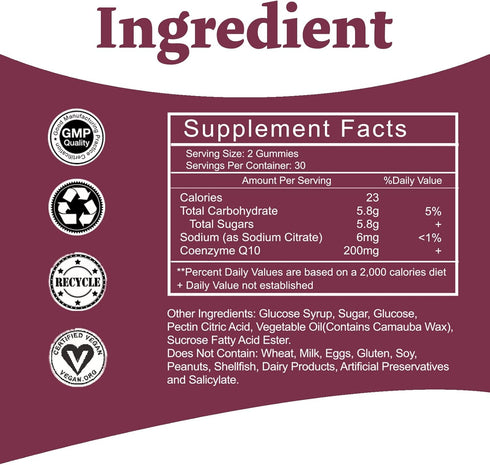 High Absorption - CoQ10 Gummies 200mg - Non-GMO - Gluten-Free - Coenzyme Q10 - CoQ10 Gummies - 60 Count - Raspberry Flavored...