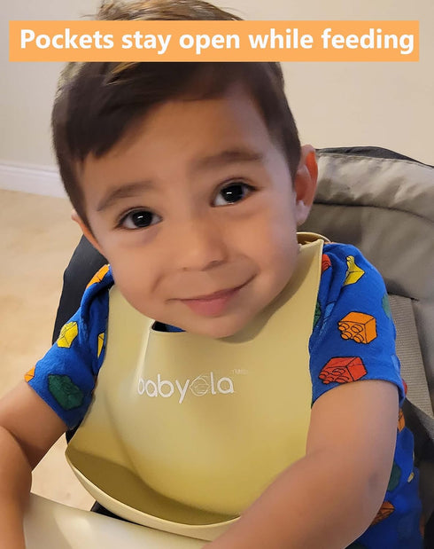 Silicone Baby Bibs with Spill Catcher, Set of 2, Adjustable Waterproof & BPA Free, For Boys And Girls, Babies & Toddlers, Pastel Orange & Yellow...