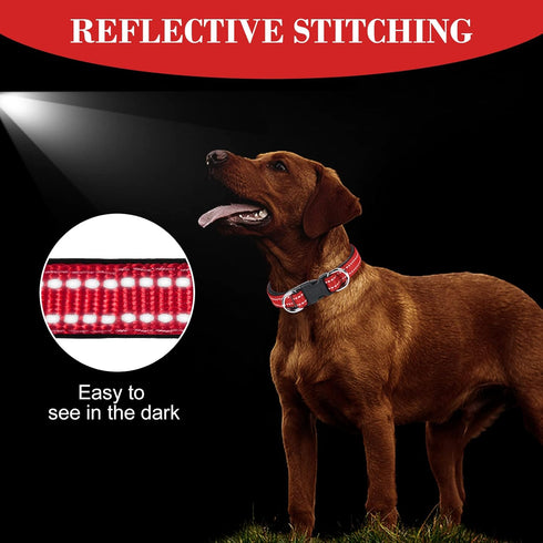 AUAUY Reflective Nylon Dog Collars, Adjustable Classic Pet Collars with Soft Neoprene Padding, Double Security Dual D-Ring and Quick Release Buckl...