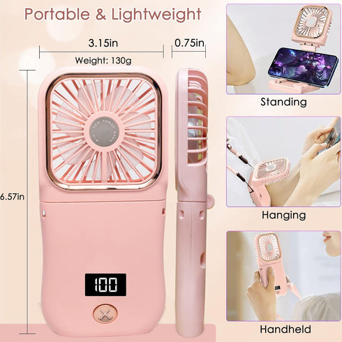 Portable Mini Fan, 3000mAh Battery Operated Fan, 3 Speeds Rechargeable Fan, Phone Bracket & Power B ank Function, Foldable Design, Power indicator...
