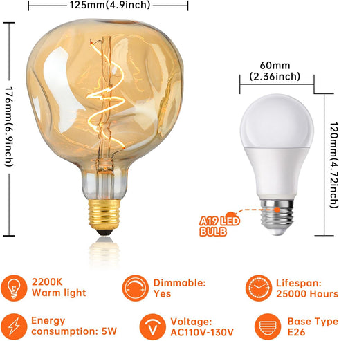 S125 Oversized LED Edison Bulb Large, 5 Watt 400 Lumens 2200k Warm Yellow Large Edison Light Bulb, Amber Glass Decorative Large Globe Dimmable E26...