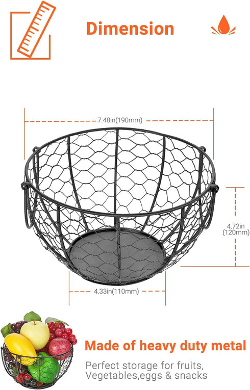 Round Wire Basket Black Fruit Basket Bowl Fruit Holder for Kitchen with Handle Black Home Storage for Vegetables, Snacks, Household Items Decor...