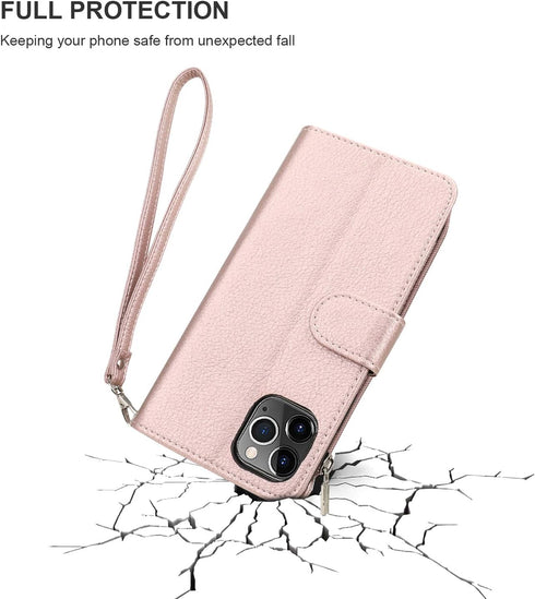 KIHUWEY Compatible with iPhone 12 Pro Max Wallet Case Premium Leather Zipper with Card Holder and Wrist Strap,Kickstand and Protective Lanyard Pur...