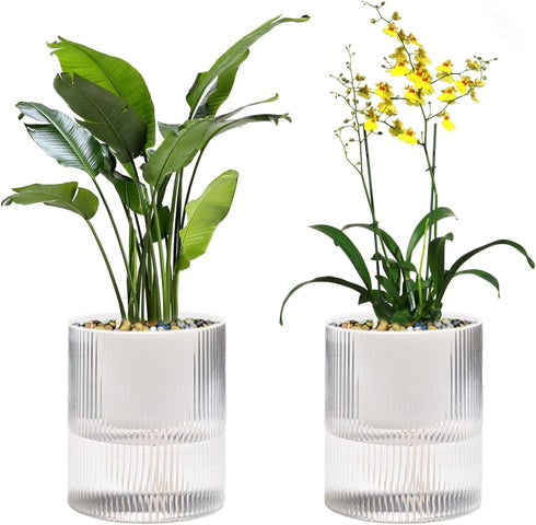 Self Watering Planter,Indoor Plants Pots for 4 Inch,2 Pack Clear White Plastic Flower Pot with Wick Rope,Home Modern Cylindrical Ribbed Decorative...