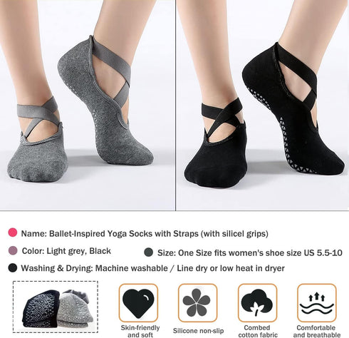2 Pairs Yoga Socks Pilates Socks Non Slip Grip Socks for Women Pilates Ballet Barefoot Workout Non Slip Socks with Straps...