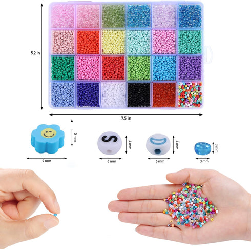 AnutriON 12000pcs 3mm Tiny Color Glass Seed Beads for Bracelets Making Kit and Smile Face Charm Beads Letter Beads for Friendship Bracelets Jewelr...