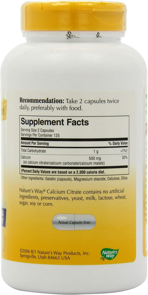 Nature's Way Calcium Citrate, 500 mg Calcium per 2-Capsule Serving, for Bone Health & Muscle Function*, Blend of Citrate, Carbonate & Malate, Glut...
