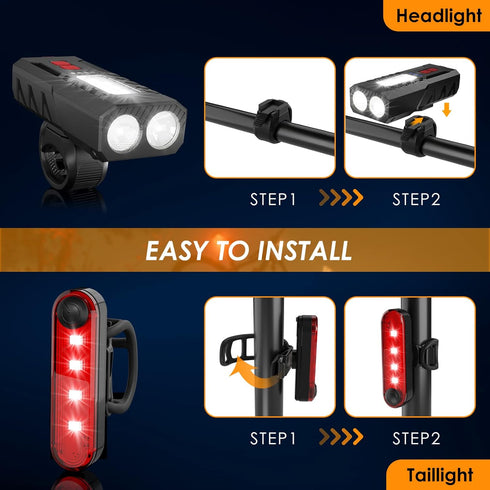 USB Rechargeable Bike Lights Set, 6 Modes Bicycle Front Headlight and Back Taillight, 3000LM Water Resistant Bicycle Lights Front and Rear for Nig...