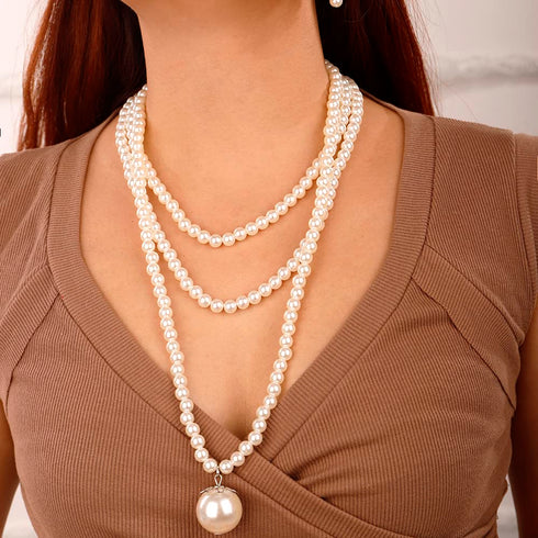 Multilayer Long Imitation Pearl Statement Necklace with Pearl Pendant and Earrings Set Vintage Costume Jewelry for Women Girls...