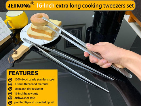 JETKONG 2 Pcs 16-Inch Kitchen Tweezers Extra Long Tweezer Tongs, Heavy Duty Stainless Steel Cooking Tweezers (Silver)...