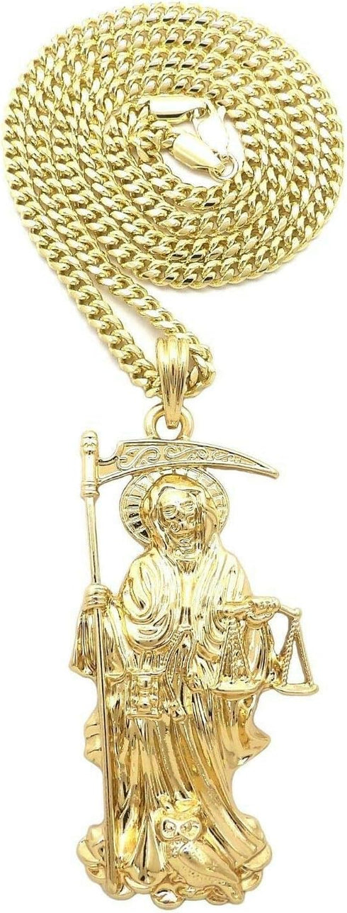 MENS SANTA MUERTE OUR LADY OF HOLY DEATH PENDANT BOX,ROPE CUBAN CHAIN NECKLACE (Cuban Chain Gold)...