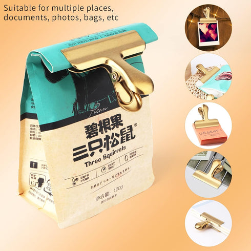 6pc-3 Inch Wide Stainless Steel Paper Clamps Heavy Duty Food Bag Clamp,Seal Clip, Chip Clips Metal Hinge Clip File Clamps for Kitchen&Office (Gold...
