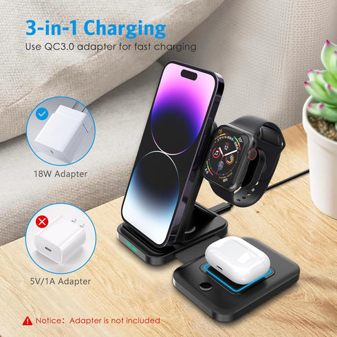 Criacr 3 in 1 Foldable Wireless Charger, Travel Magsafe Charger 3 in 1 Charging Station for Multple Devices for iPhone 15/14/13/12 Series, AirPods...
