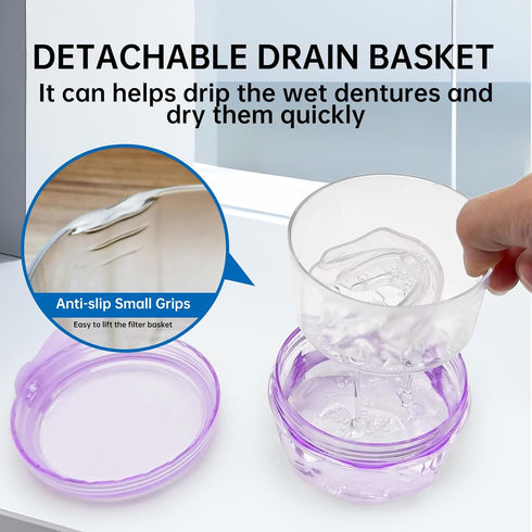 Leakproof Denture Case Purple Denture Soaking Cup False Teeth Container, Dental Denture Bath Holder Storage Box Retainer Cleaner Case for Travelin...