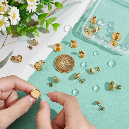 UNICRAFTALE 18 Sets 3 Sizes Stainless Steel Stud Earring Findings Stud Earring Cabochons Tray 6/8/10mm Golden DIY Blank Dome Earring Making Kits w...