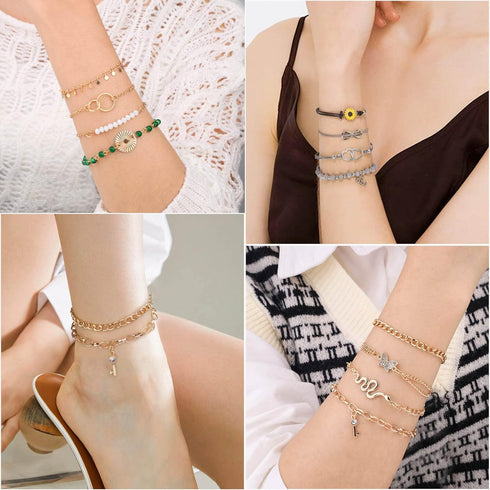 Thrilez 63 Pack of Jewelry Set for Women, Including 15 Pairs Fashion Earrings, 4 Pack Cute Necklaces, 13pc Aesthetic Bracelets/Anklets and 31pc Da...