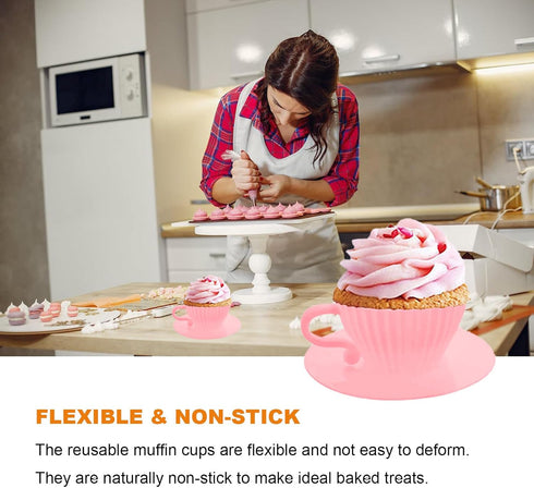 Silicone Cupcake Liners, 16 Pcs Silicone Muffin Cups for Baking, Reusable Muffin Liners, Teacup Cupcake Baking Cups, 8 Cups & 8 Saucers, Pink...