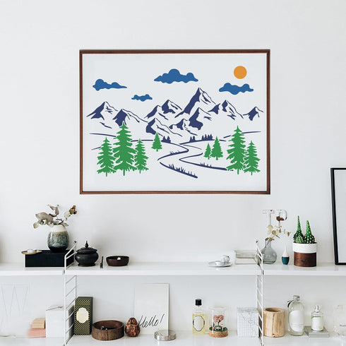 Large Mountain Forest Stencils Forest Landscape Stencil Template 23.6×15.7inch Sun Cloud Tree River Painting Stencils Reusable DIY Art Decoration ...