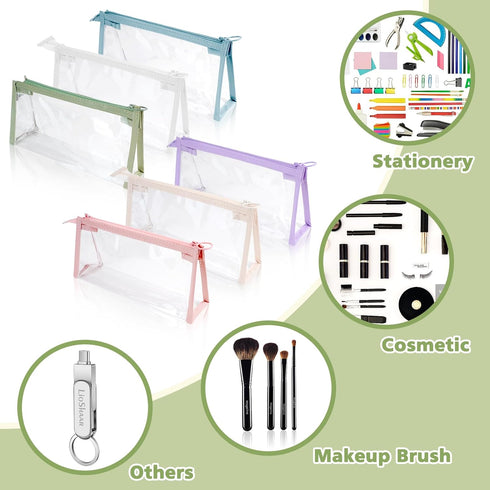 6 Pcs Clear Pencil Pounch Pen Case, Plastic Marker Pouches with Zipper, Waterproof Travel Toiletry Cosmetic Makeup Bag, Multifonction Stationery O...