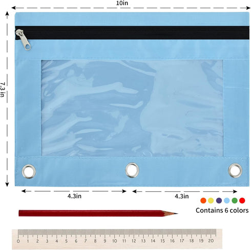 6 Pack Binder pencil pouch, Multi-color Pencil Pouch for 3 Ring Binder, Sturdy Zipper Pencil Pouches with Clear Window, Waterproof Cosmetic Bag fo...