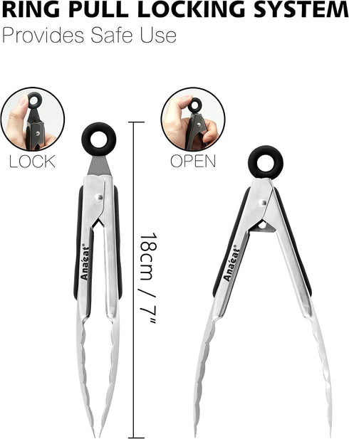 Anaeat 7" Mini Cooking Tong Stainless Steel - Sturdy Coiled Spring Locking Kitchen Food Tong with Non-Slip Silicone Grip for Serving, Cooking, Bak...