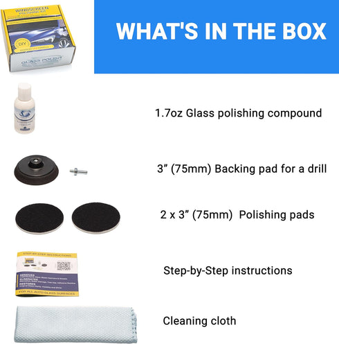 GLASS POLISH DIY 3” Windshield Polishing Kit for Car Glass Restoration, Remove Wiper Blade Damage, Fine Scratches, Haziness, and Water Spots, Rest...