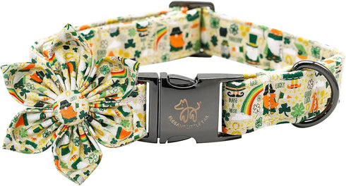 Elegant little tail St. Patrick's Day Dog Collar, Dog Collar with Flower, Green Clover Dog Collar Pet Gift Dog Flower Adjustable Dog Collar for Sm...