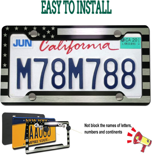 Flag License Plate Frame- USA Patriotic Personalized Car Tag Holder, 4 Hole Black Heavy-Duty Aluminum Bracket, Novelty Thin Cover for Front Bumper...