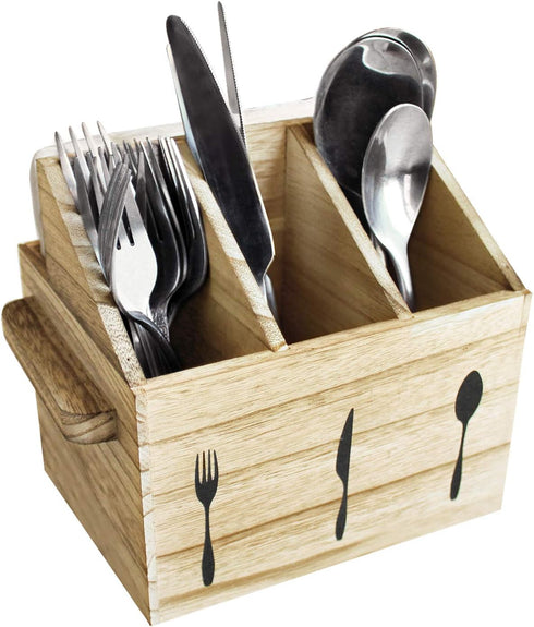 Ikee Design Wooden Flateware Utensil Caddy with Handles, Silverware Caddy, Fork and Spoon Holder ,Silverware Holder,Outdoor Utensil Holder, Silver...
