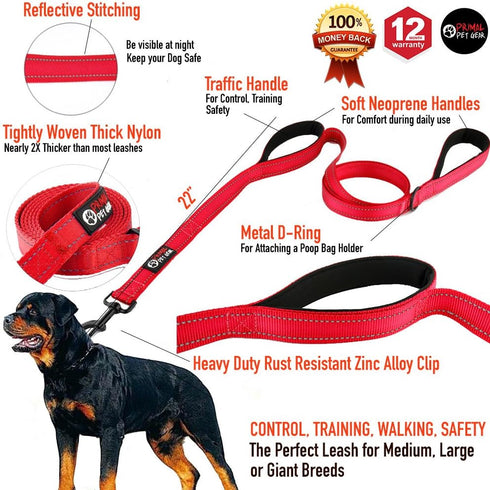 Dog Leash 8ft Long - RED - Traffic Padded Two Handle - Heavy Duty - Double Handles Lead for Control Safety Training - Leashes for Large Dogs or Me...
