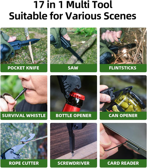 Multitool Knife 17 in 1Fire Starting Sticks, Bottle Opener, Saw Screwdrivers Bottle Opener, Whistle, Window Breaker and More -Perfect for Camping,...