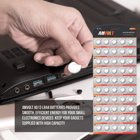 AmVolt- Pack of 50 LR44 Batteries AG13 SR44 357 303 Premium Alkaline Non Rechargeable Button Battery, 1.5 Volt Small Batteries for Watches Clocks ...