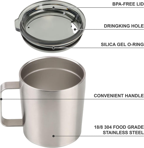 12 oz Insulated Coffee Mug with Lid, Stainless Steel, Double Wall Vacuum Insulated Travel Mug Coffee Cup with Handle, Stainless Steel/Silver (803-...