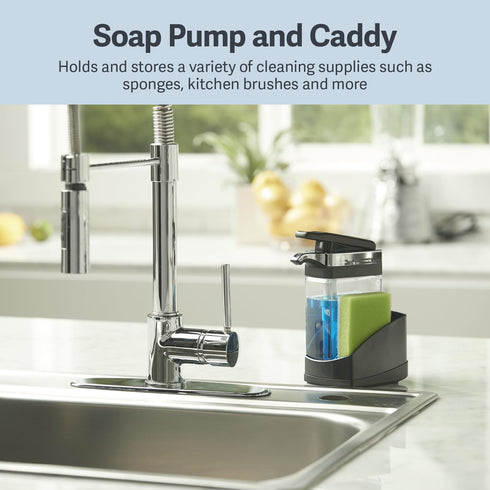 Casabella Sink Sider Solo Kitchen Soap Pump and Sponge Caddy, Black/Chrome - 2-in-1 Soap and Sponge Caddy, One-Hand Soap Dispensing, Ergonomic Des...