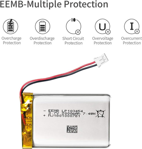 EEMB 3.7V Lithium Polymer Battery 2000mAh 103454 Lipo Rechargeable Battery Pack with Wire JST Connector for Speaker and Wireless Device- Confirm D...