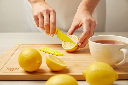 Kuhn Rikon Colori Non-Stick Straight Paring Knife with Safety Sheath, 4 inch/10.16 cm Blade, Lemon...