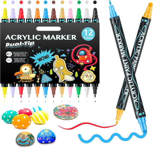 12 Colours Acrylic Paint Pens Markers, Dual Tip Premium Paint Markers for Rocks, Wood, Stone, Canvas, Glass, Ceramic Surfaces, Acrylic Markers for...