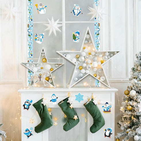 74pcs Winter Bulletin Board Classroom Decor LET IT Snow Cutouts Self-Adhesive Christmas Accent Cut Outs with Snowflake Snowman Patterns for Xmas W...