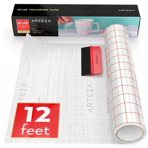 ARTEZA Ultra Clear Transfer Tape Paper with Grid & Squeegee, 12 Inch Wide x 12 Foot Long Roll, for Alignment & Transfer of Adhesive Vinyl for Deca...