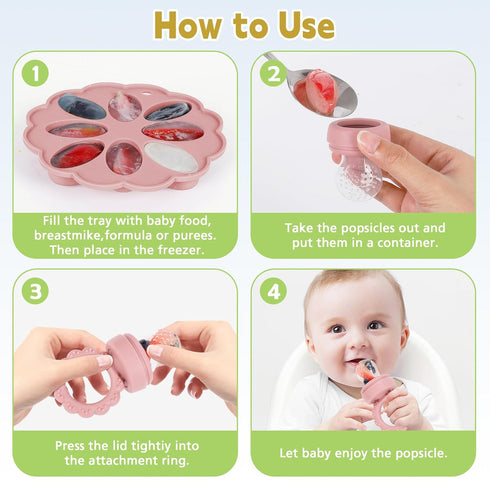 Silicone Baby Fruit Food Feeder Breastmilk Popsicle Mold Set, Baby Teething Toy for Safe Infant Self Feeding, Baby Food Freezer Tray with Lid for ...