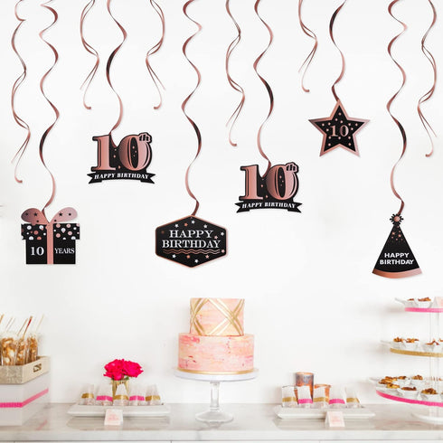 LINGTEER Happy 10th Birthday Decorations - 12 Pcs Birthday Black & Rose Gold Foil Swirls Streamer Set,Cheers to Ten Years Old Bday Party Gift Deco...