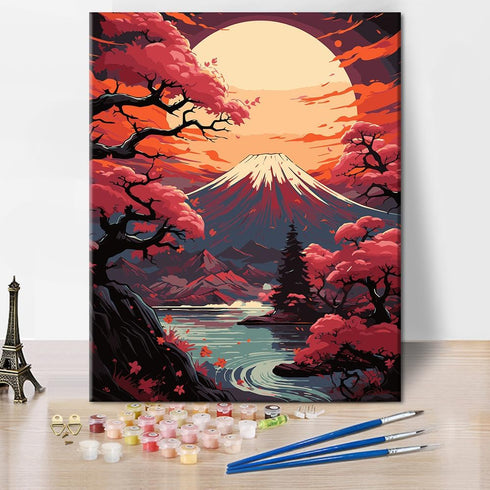 Mount Fuji Paint By Number for Adult Japan Landscape Paint By Numbers Kits DIY Moon Painting Artwork Pink Cherry Blossoms Running Water Paint By N...