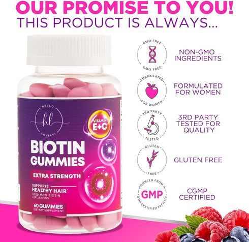 Hair Vitamins Gummy with Biotin 5000 mcg Vitamin E & C to Support Hair Growth, Non-GMO, for Thicker, Stronger & Beautiful Hair, Skin & Nails, Hair...