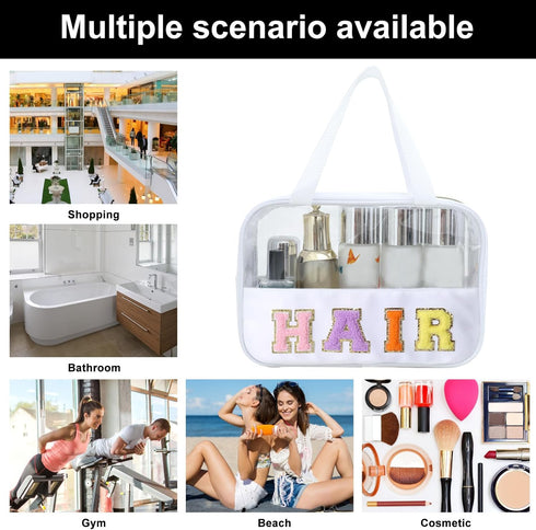Chenille Letter Patch Clear Bag,Preppy Multi-purpose PVC&Nylon Clear Makeup Bag with Handles,Large Travel Makeup Toiletry Storage Zipper Pouch, To...