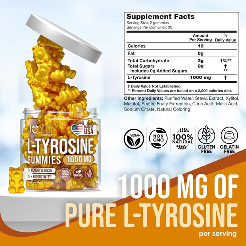 Joyli L Tyrosine Gummies 1000MG - L-Tyrosine Supplement for Kids & Adults - Calm & Focus Gummies for Brain, Memory, Mood, and Energy - 500mg L- Ty...