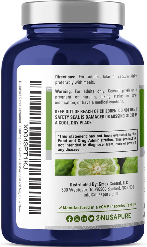 NusaPure Citrus Bergamot Capsules 15,000mg, 200 Capsules - 25:1 Bergamot Extract - 200 Servings, Bioperine, Vegan, Non-GMO...