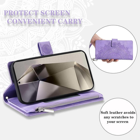 Phone Case for Samsung Galaxy S24 Ultra 5G Wallet Cover With Tempered Glass Screen Protector and Wrist Strap Mandala Flower Flip Zipper Card Holde...