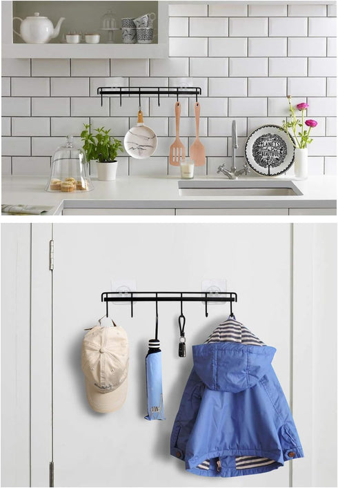 YiZhi Adhesive Wall Hooks Rack Kitchen Rail, Space Saving Utensil Holder No Drilling Wall Mounted Accessory Hanger with 6 Hooks for Kitchen Bathro...