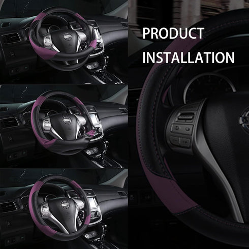 Leather Car Steering Wheel Cover, Non-Slip Car Wheel Cover Protector Breathable Microfiber Leather Universal Fit for Most Cars (Purple-2)...