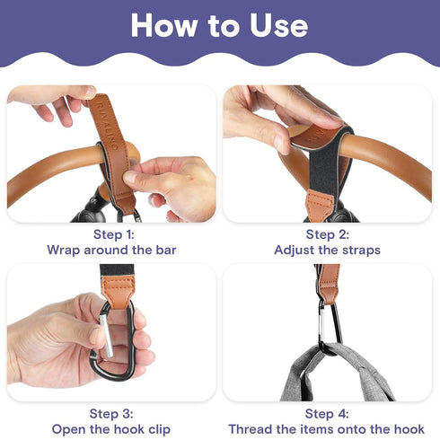 Leather Stroller Hooks for Diaper Bag and Stroller Organizer - RUVALINO® Stroller Strap with Large Carabiner Clip for Bags - Accessories for Wheel...